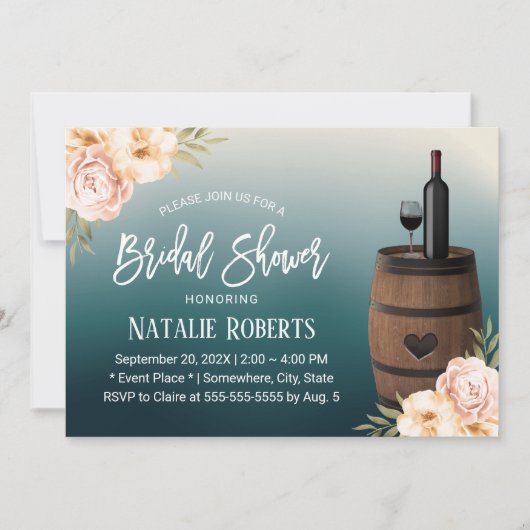 Floral Wine Barrel Aquamarin Ombre Brautparty Einladung (Vorderseite)