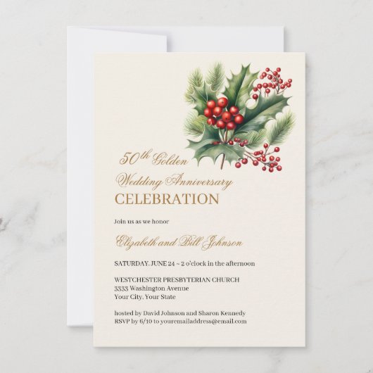 Floral Winter Thema Gold 50. Hochzeitstag Einladung (Vorderseite)