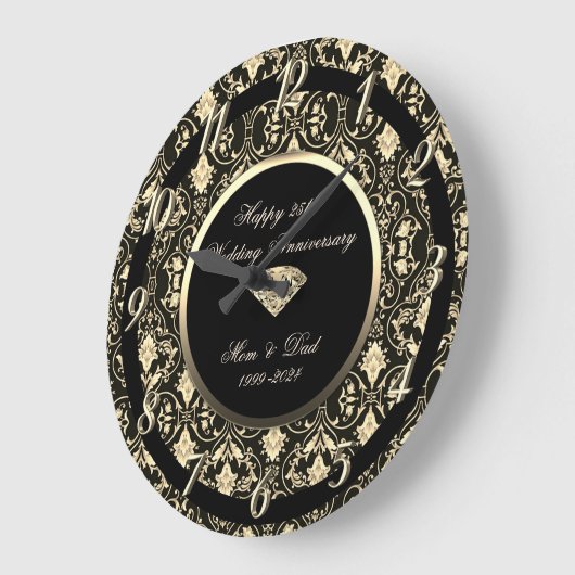 Floral Wirbel Diamond Black 25. Hochzeit Große Wanduhr (Winkel)