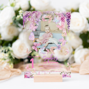 Floral Wisteria Butterfly Kinder Foto Geburtstag Acryleinladungen