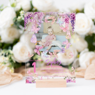 Floral Wisteria Butterfly Kinder Foto Geburtstag Acryleinladungen