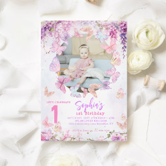 Floral Wisteria Butterfly Kinder Foto Geburtstag Einladung