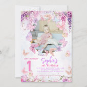 Floral Wisteria Butterfly Kinder Foto Geburtstag Einladung (Vorderseite)