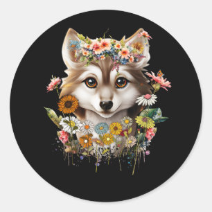 Floral Wolf Liebhaber Vintage Blumen Wolf Gesicht Runder Aufkleber