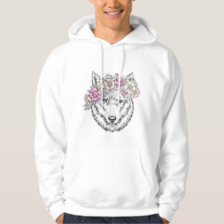 Floral Wolf Line Art – Boho Wild Animal with Flowe Hoodie