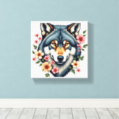 Floral Wolf Stretched Canvas Print Leinwanddruck (Insitu (Holzboden))