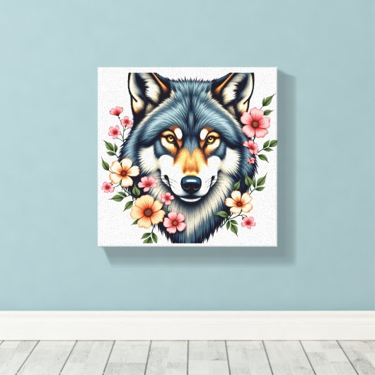 Floral Wolf Stretched Canvas Print Leinwanddruck (Insitu (Holzboden))