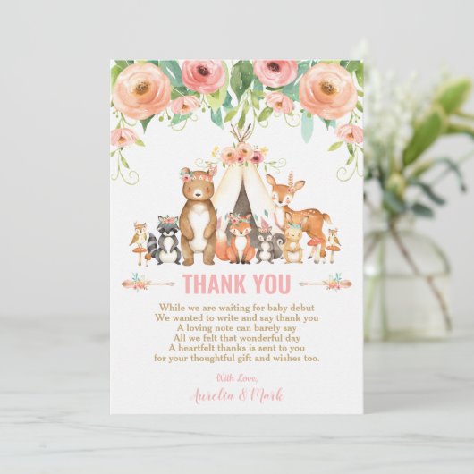Floral Woodland Animals Baby Shower Forest Girl Dankeskarte (Stehend Vorderseite)