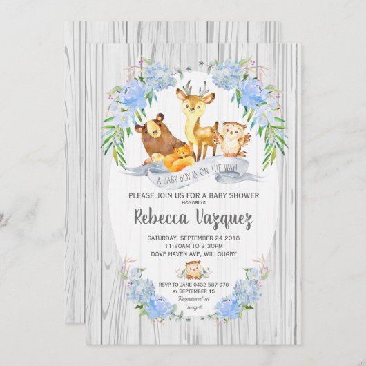 Floral Woodland Animals Kinderdusche Einladung Boy (Vorne/Hinten)