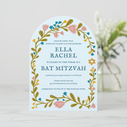 Floral Wreath Bat Mitzvah Handgezeichnet Custom Ar Einladung (Stehend Vorderseite)