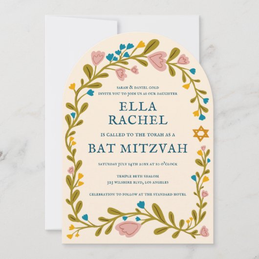 Floral Wreath Bat Mitzvah Handgezeichnet Custom Ar Einladung (Vorderseite)