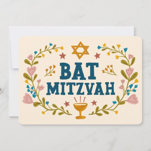 Floral Wreath Bat Mitzvah Handgezeichnet Custom Einladung (Rückseite)