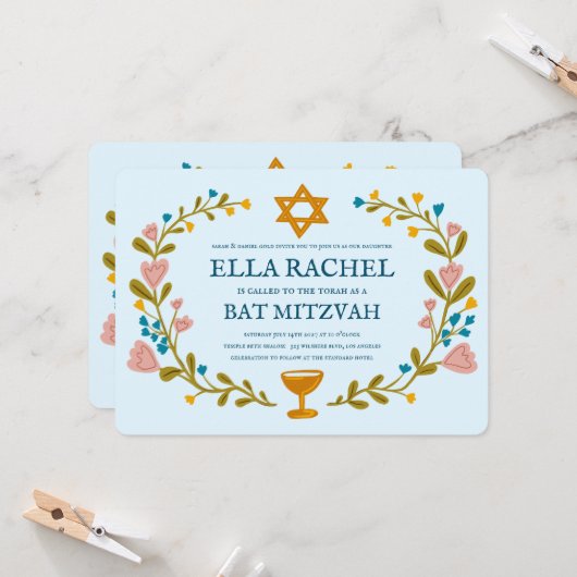Floral Wreath Bat Mitzvah Handgezeichnet Custom Einladung (Vorderseite/Rückseite Beispiel)