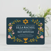 Floral Wreath Bat Mitzvah Handgezeichnet Custom Einladung (Stehend Vorderseite)