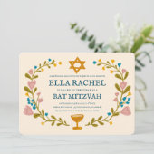 Floral Wreath Bat Mitzvah Handgezeichnet Custom Einladung (Stehend Vorderseite)