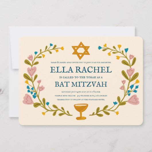 Floral Wreath Bat Mitzvah Handgezeichnet Custom Einladung (Vorderseite)
