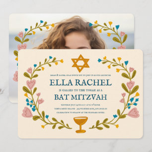Floral Wreath Bat Mitzvah Handgezeichnet Custom Einladung