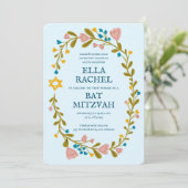 Floral Wreath Bat Mitzvah Handgezeichnet Custom Einladung (Stehend Vorderseite)