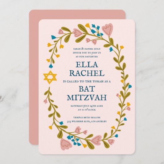 Floral Wreath Bat Mitzvah Handgezeichnet Custom Einladung (Vorne/Hinten)