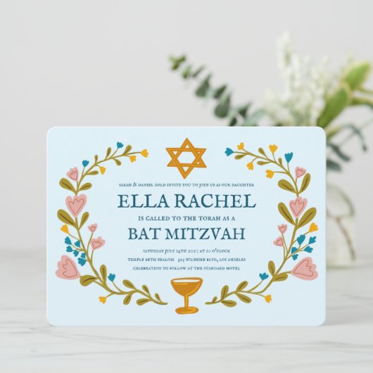 Floral Wreath Bat Mitzvah Handgezeichnet Custom Einladung (Stehend Vorderseite)