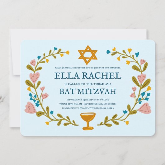 Floral Wreath Bat Mitzvah Handgezeichnet Custom Einladung (Vorderseite)