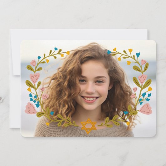 Floral Wreath Bat Mitzvah Handgezeichnet Custom Einladung (Rückseite)