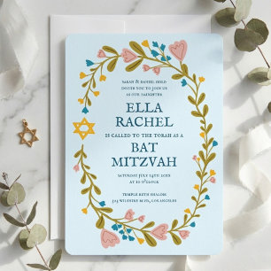 Floral Wreath Bat Mitzvah Handgezeichnet Custom Einladung