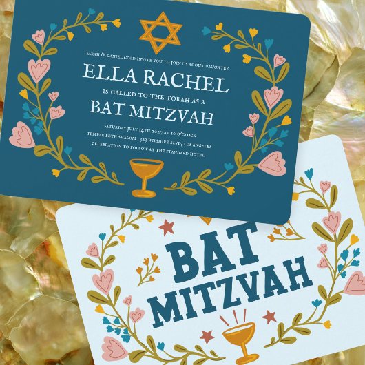 Floral Wreath Bat Mitzvah Handgezeichnet Custom Einladung