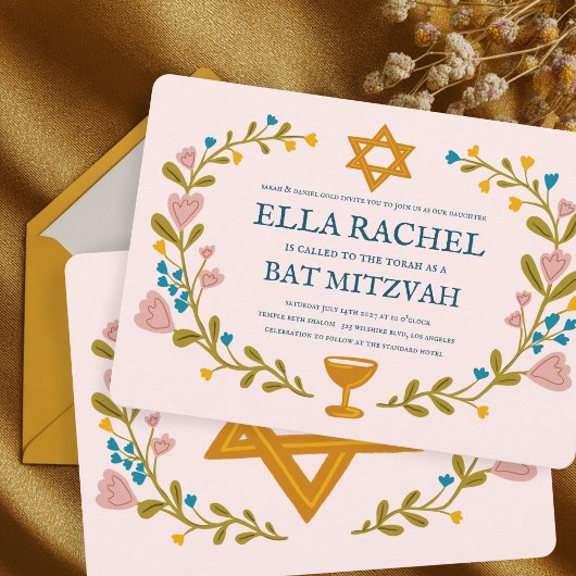 Floral Wreath Bat Mitzvah Handgezeichnet Custom Einladung
