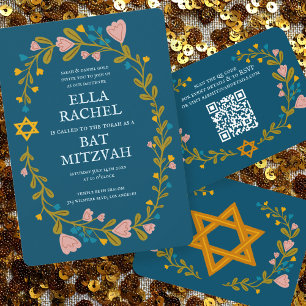 Floral Wreath Bat Mitzvah Handgezeichnet Custom Einladung