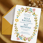 Floral Wreath Bat Mitzvah Handgezeichnet Custom Einladung<br><div class="desc">Perfekte Karte, um eine Bar mitzvah, Fledermausmitzvah oder andere jüdische Feier anzukündigen! Handgemachte Kunst für Sie! Vollständig anpassbar! Klicken Sie auf "Personalisieren" oben, um den Text zu bearbeiten. Klicken Sie auf "Bearbeiten mit dem Designwerkzeug", um die Schriftart, Farben und Einstellungen anzupassen. Auch können Sie den Kartenstil so ändern, dass er...</div>