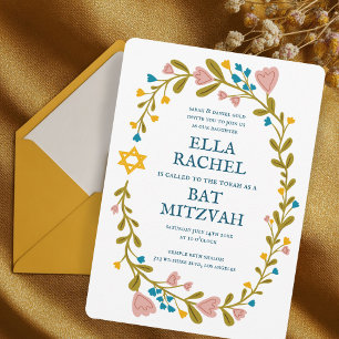 Floral Wreath Bat Mitzvah Handgezeichnet Custom Einladung