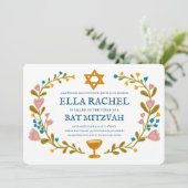 Floral Wreath Bat Mitzvah Handgezeichnet Custom Einladung (Stehend Vorderseite)