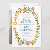 Floral Wreath Bat Mitzvah Handgezeichnet Custom Einladung (Vorne/Hinten)