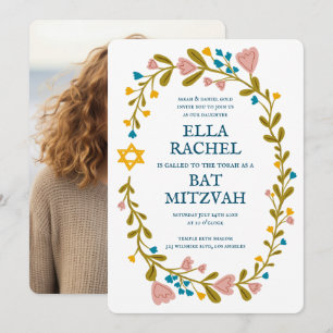 Floral Wreath Bat Mitzvah Handgezeichnet Custom Einladung