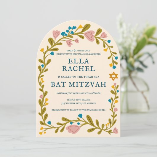 Floral Wreath Bat Mitzvah Handgezeichnet Custom FO Einladung (Stehend Vorderseite)