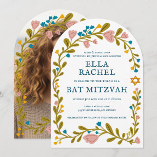 Floral Wreath Bat Mitzvah Handgezeichnet Custom FO Einladung