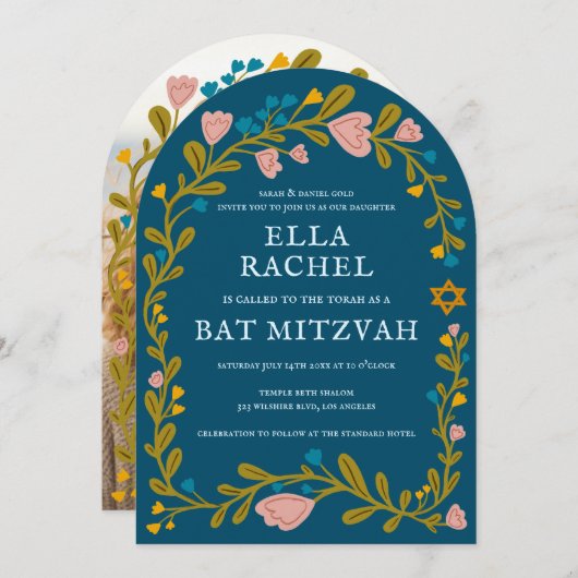 Floral Wreath Bat Mitzvah Handgezeichnet Custom FO Einladung (Vorne/Hinten)