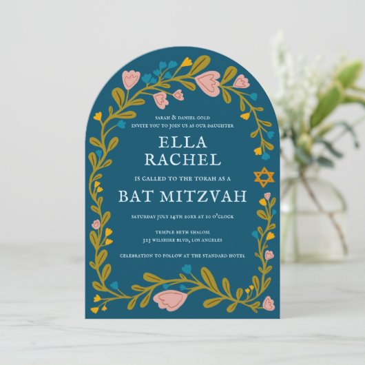 Floral Wreath Bat Mitzvah Handgezeichnet Custom FO Einladung (Stehend Vorderseite)