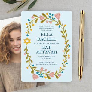 Floral Wreath Bat Mitzvah Handgezeichnet Custom Fo Einladung