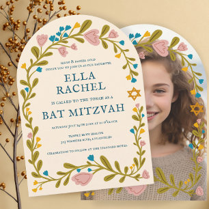 Floral Wreath Bat Mitzvah Handgezeichnet Custom FO Einladung
