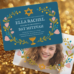 Floral Wreath Bat Mitzvah Handgezeichnet Custom Fo Einladung