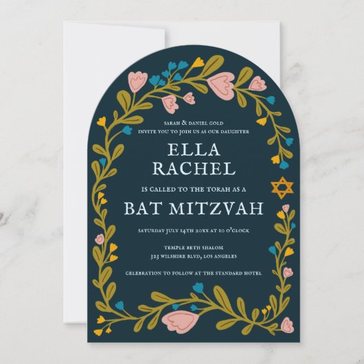 Floral Wreath Bat Mitzvah Handgezeichnet Custom FO Einladung (Vorderseite)