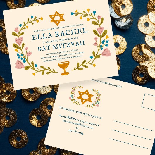 Floral Wreath Bat Mitzvah Handgezeichnet Custom Postkarte
