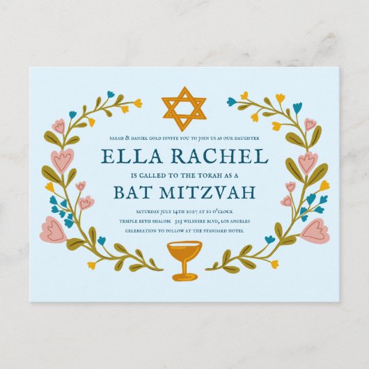Floral Wreath Bat Mitzvah Handgezeichnet Custom Postkarte (Vorderseite)