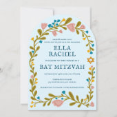 Floral Wreath Bat Mitzvah Handgezeichnet Custom QR Einladung (Vorderseite)