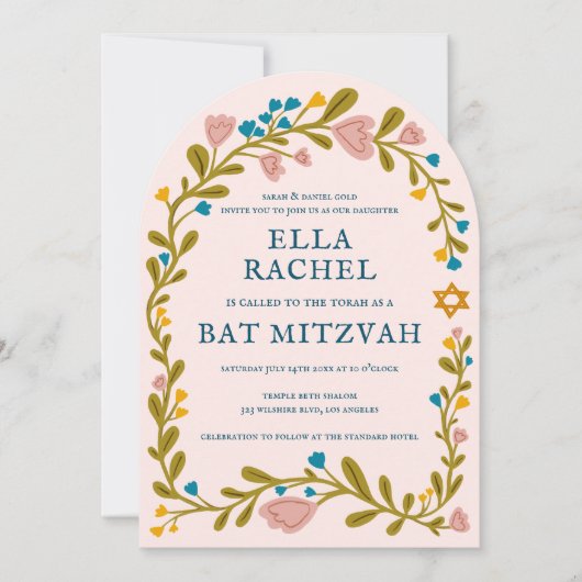 Floral Wreath Bat Mitzvah Handgezeichnet Custom QR Einladung (Vorderseite)