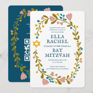 Floral Wreath Bat Mitzvah Handgezeichnet Custom QR Einladung