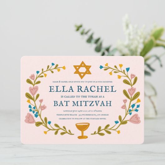 Floral Wreath Bat Mitzvah Handgezeichnet Custom QR Einladung (Stehend Vorderseite)