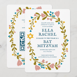 Floral Wreath Bat Mitzvah Handgezeichnet Custom QR Einladung